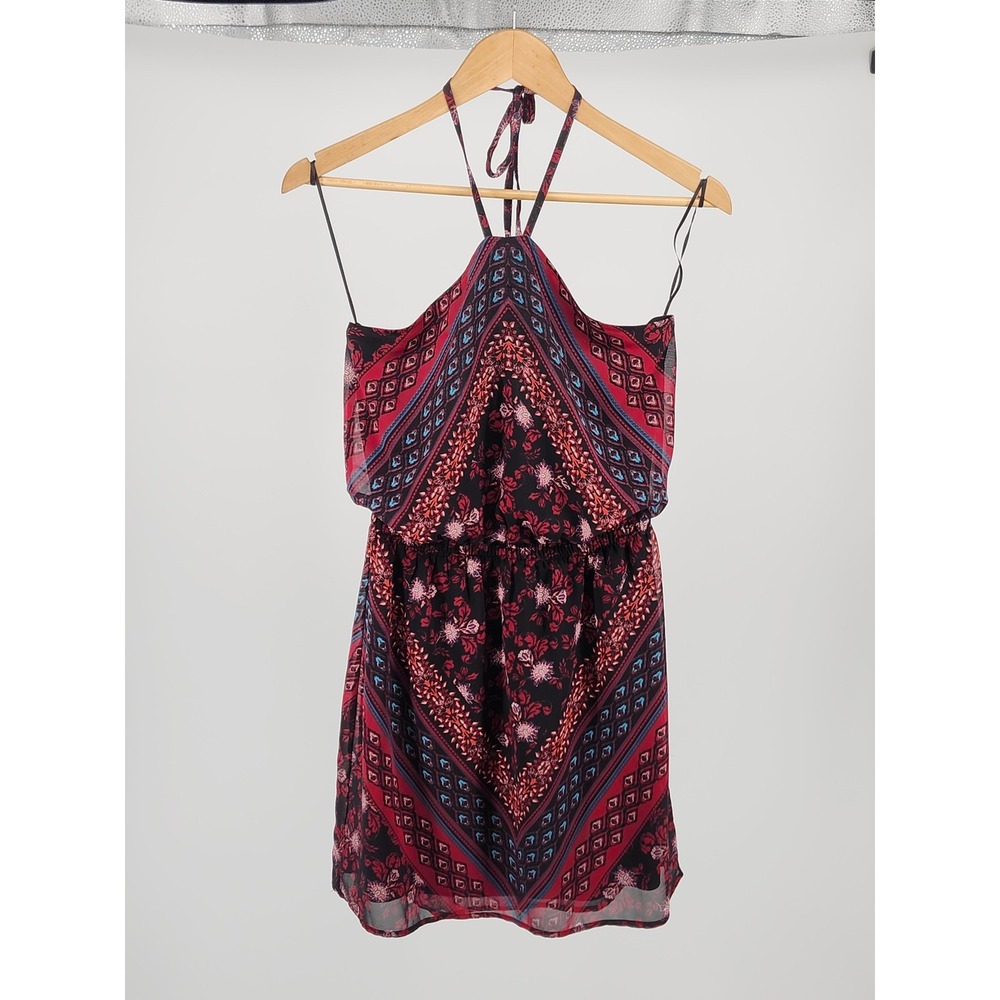Express Halter Neck Mini Dress Red Black Boho Geometric Floral Print Small